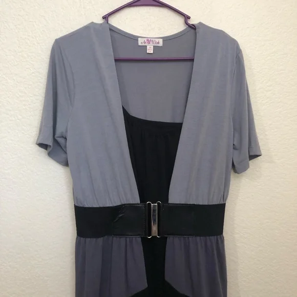 AS U WISH Medium Layered Belted Dress Colorblock Black Gray Short Sleeve NWOT - Picture 2 of 16